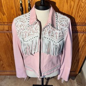 Beautiful baby pink leather fringe jacket
